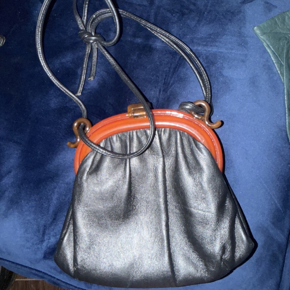 Vintage Ande' Leather Black Bakelite Snap Closure Purse Bag Silk Lining 1960s